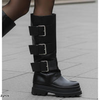 Bota caña alta negro doblez detalle correas plataforma 7cm  RQF2  C-28
