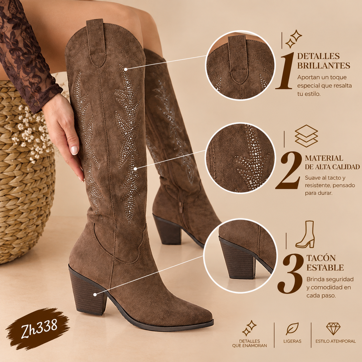 Bota texana cafe apliques plateado tacon 8cm  A9829  C-124