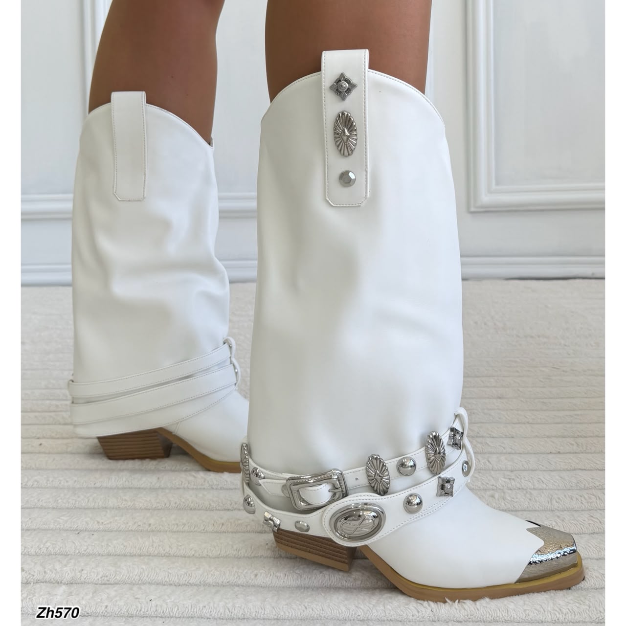 Bota texana blanco doblez detalles correa plateado tacon 8cm  HX3365-C1791