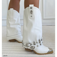 Bota texana blanco doblez detalles correa plateado tacon 8cm  HX3365-C1791