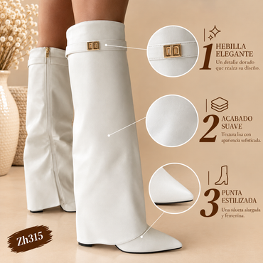 Bota caña alta blanco doblez detalle dorado tacon 11cm  52199   C-95