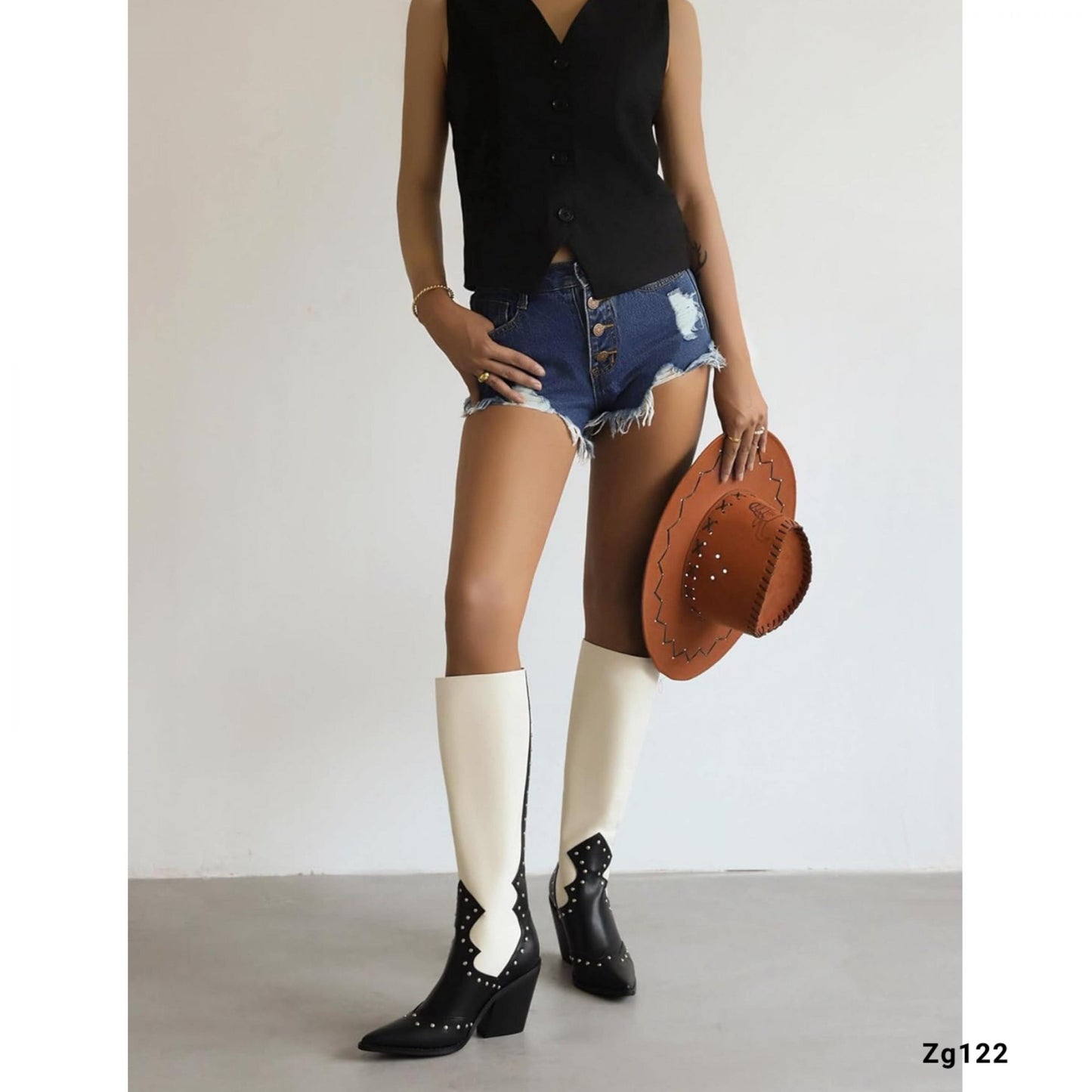 Bota texana negro/beige apliques tacon 9cm  BTC07#  C-1