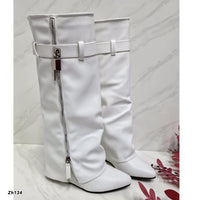 Bota caña alta blanco doblez detalle plateado tacon corrido 8cm  G690   C-60