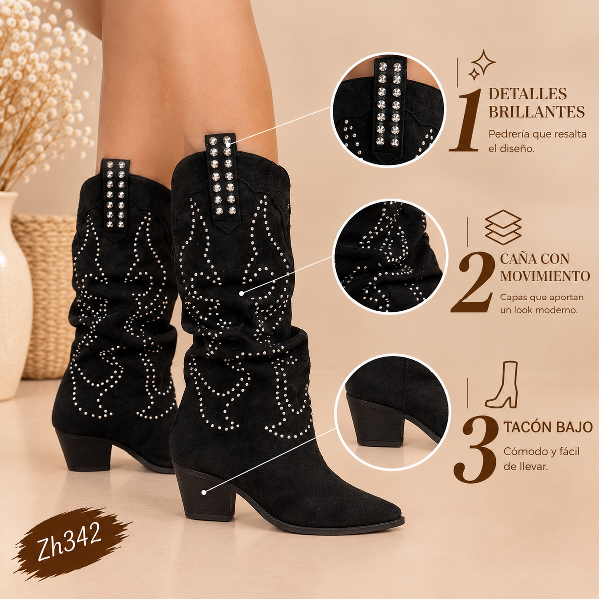 Bota texana negro doblez apliques plateado tacon 8cm  A9982  C-122