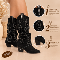 Bota texana negro doblez apliques plateado tacon 8cm  A9982  C-122