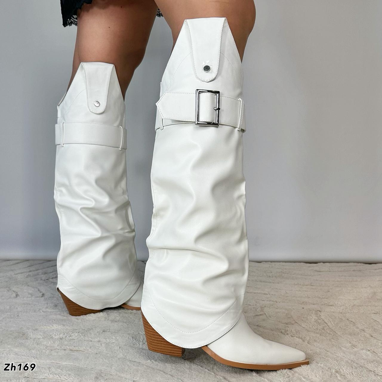 Bota texana blanco doblez detalle correa tacon 7cm  255-049
