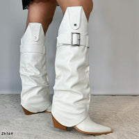 Bota texana blanco doblez detalle correa tacon 7cm  255-049