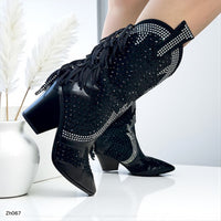 Botin texano negro apliques brillantes flecos tacon 9cm   255-137