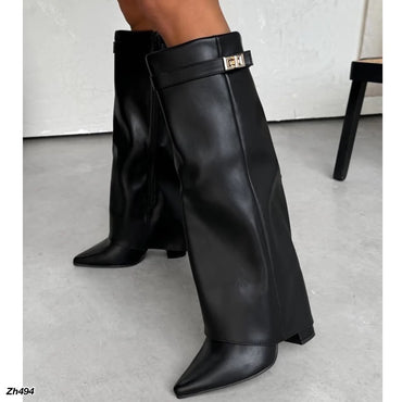 Bota caña alta negro doblez detalle dorado tacon 10cm  SM569  C-157