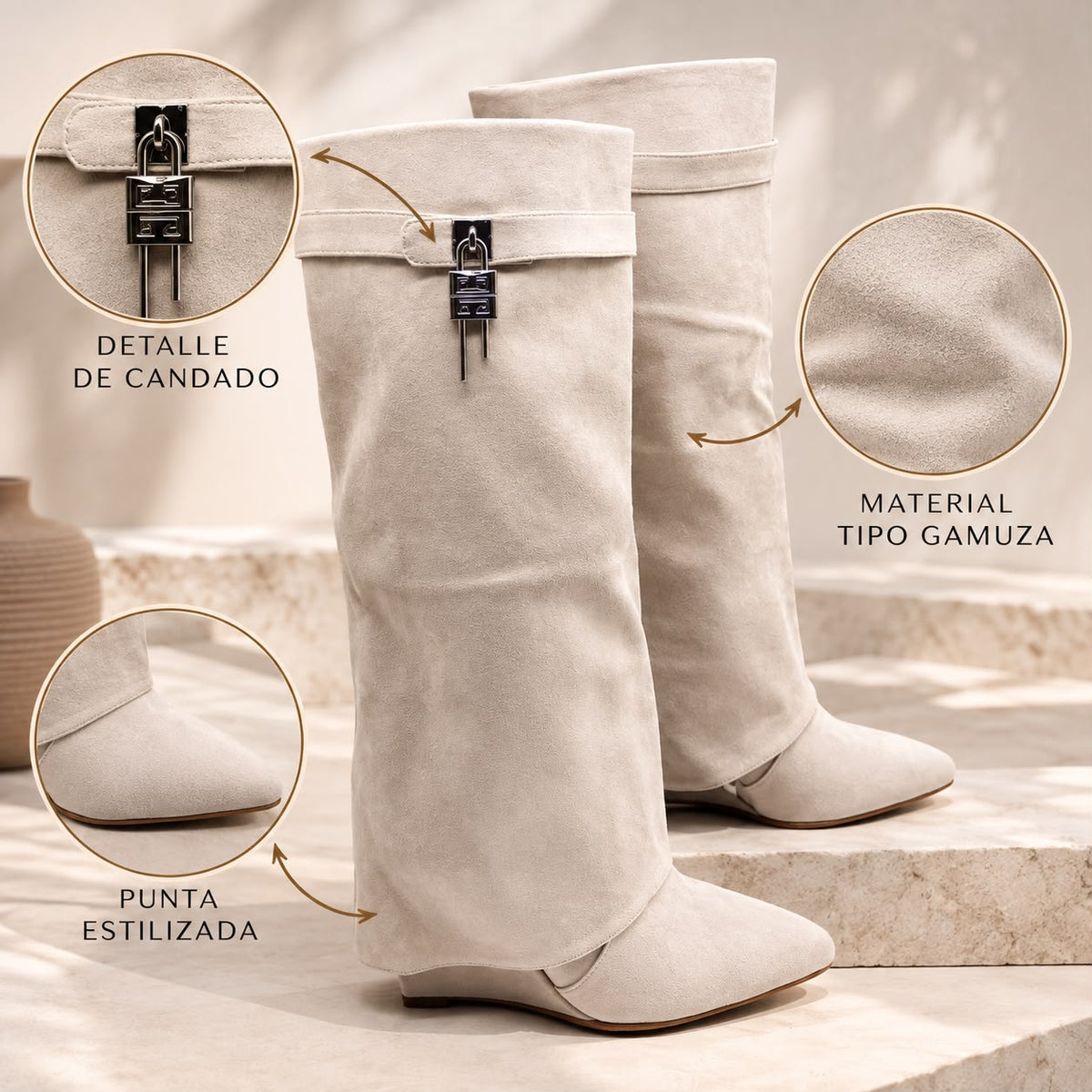 Bota caña alta beige doblez detalle plateado tacon corrido 9cm   HX2697-C1179