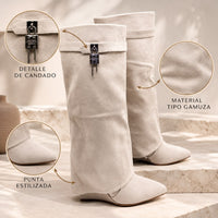 Bota caña alta beige doblez detalle plateado tacon corrido 9cm   HX2697-C1179