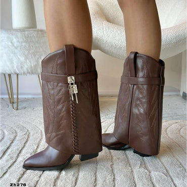 Bota texana café doblez detalle plateado tacon 9cm  HX3083-C1136
