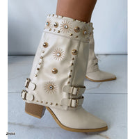 Botin texana beige doblez apliques dorado tacon 8cm   HX3198-B0223