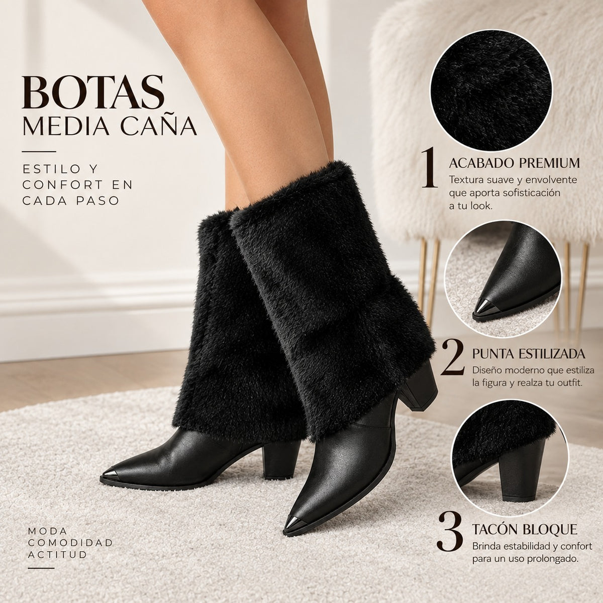 Bota texana negro doblez peludo punta plateado tacon 6cm  255-068