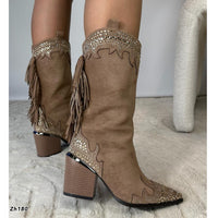 Bota texana café apliques dorado brillantes flecos tacon 8cm  HX3151-B9540