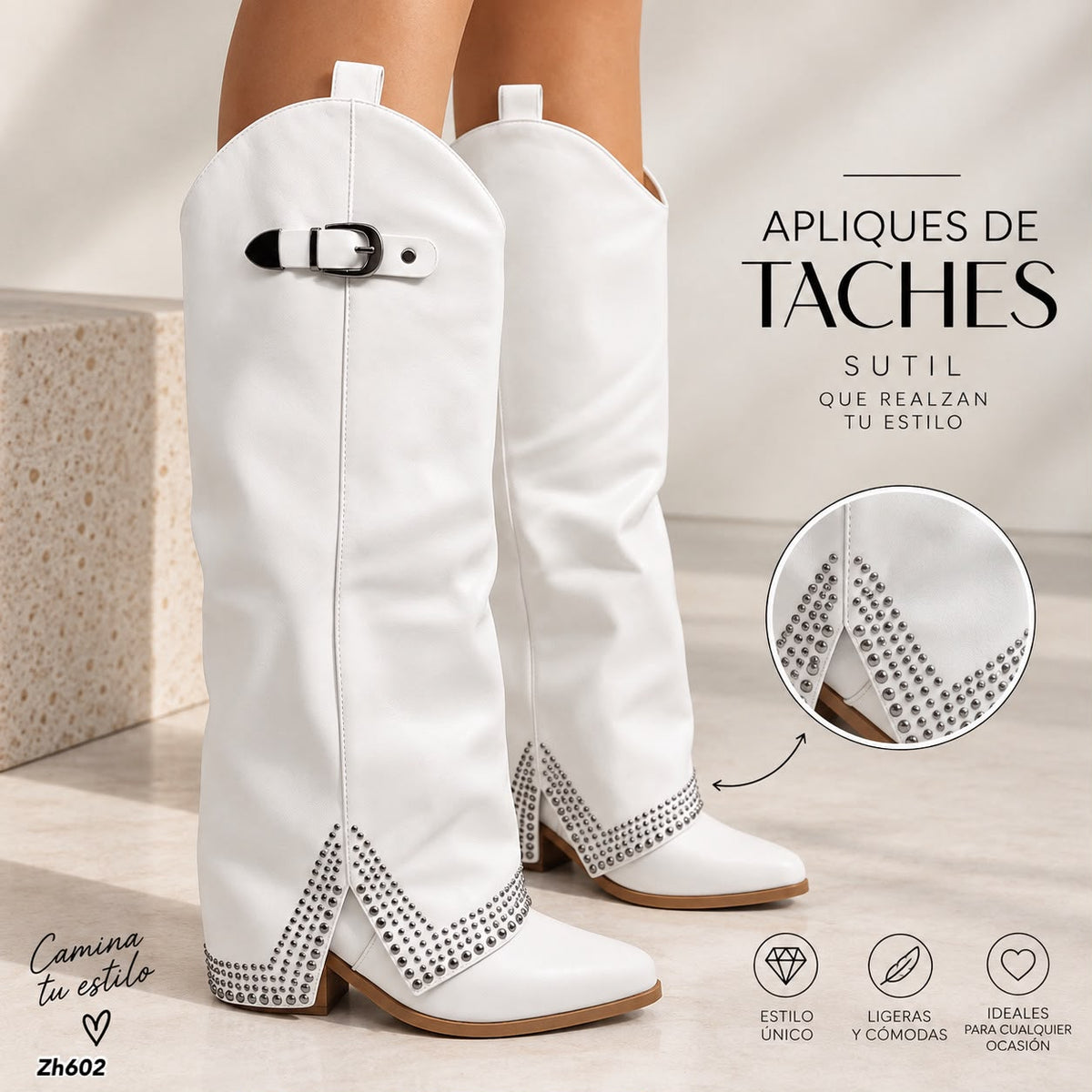 Bota texana blanco doblez apliques plateado tacon 8cm  HX2997-B9926