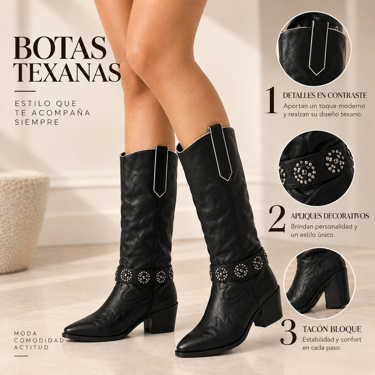 Bota texana negro detalles blanco apliques brillantes tacon 5cm