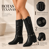 Bota texana negro detalles blanco apliques brillantes tacon 5cm