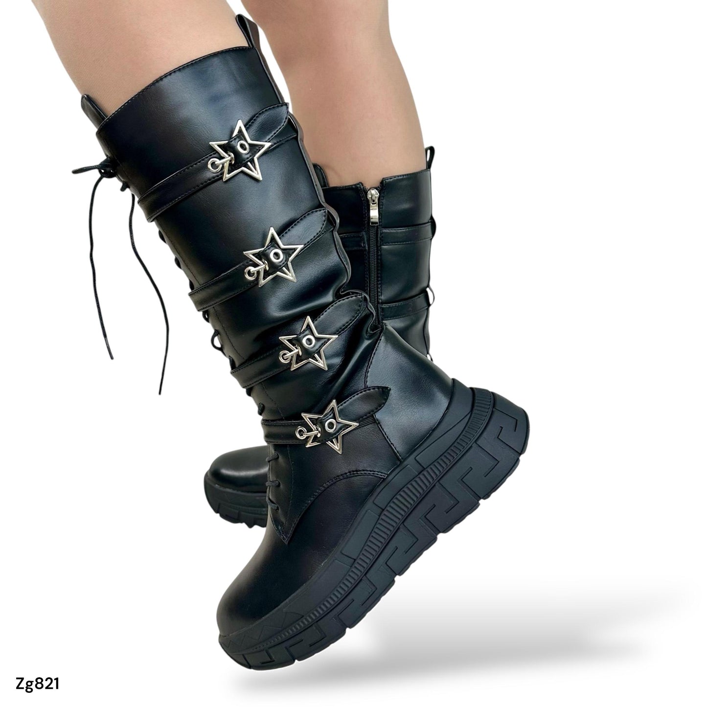 Bota caña alta negro correas estrella plateado suela 5cm  IS14-039