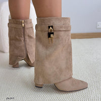 Botin beige doblez detalle dorado tacon 9cm   52217   C-103