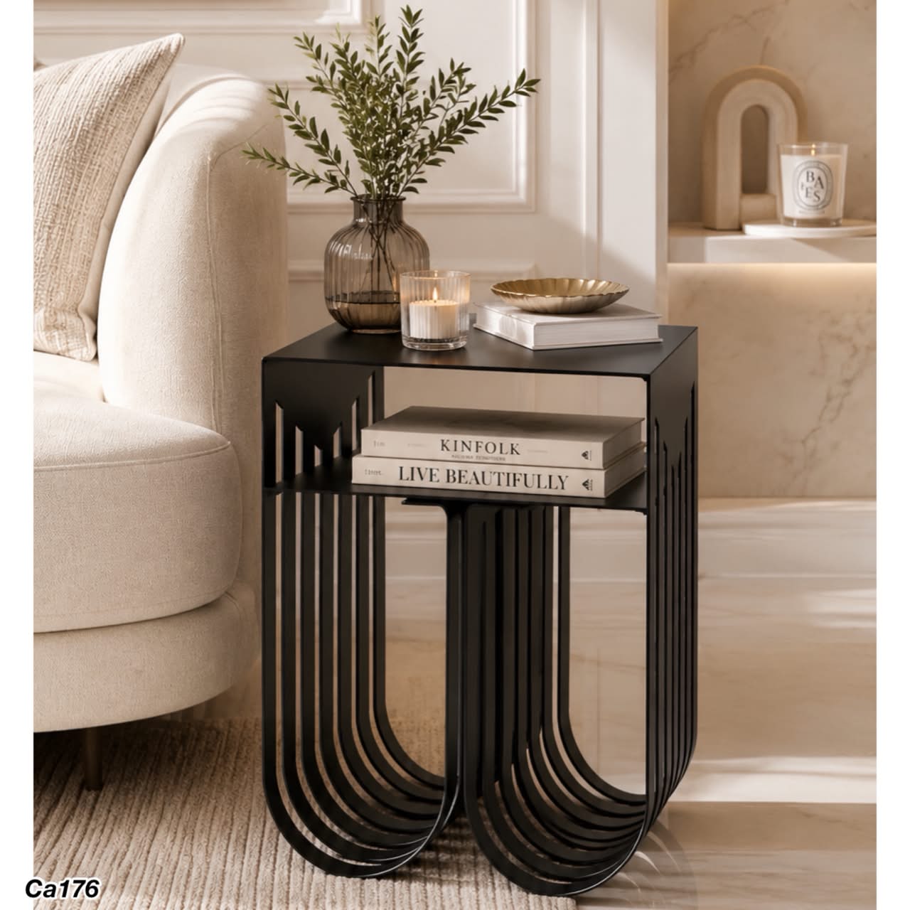 Mesa auxiliar a rayas hierro negra  35.5cm* 26cm* 46cm