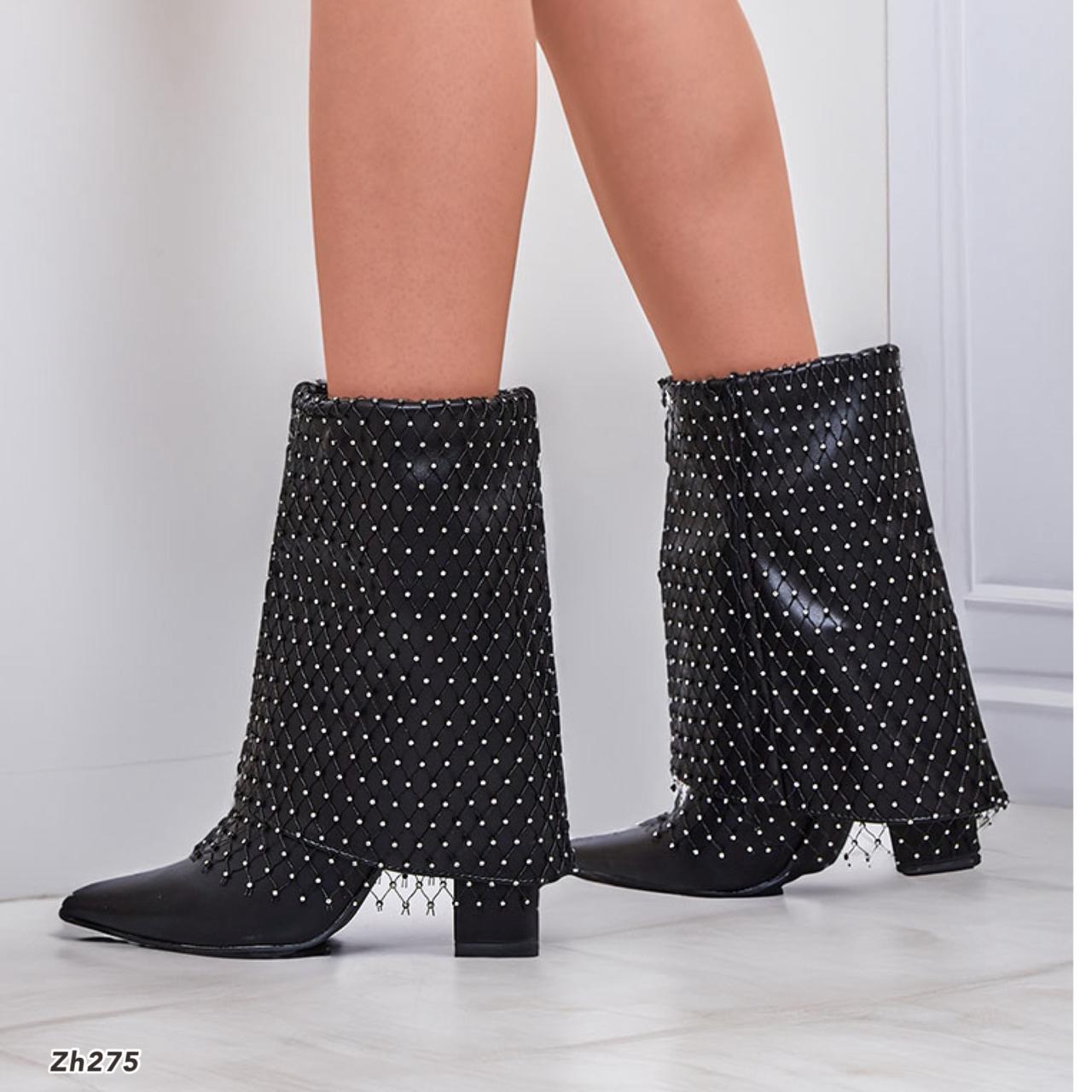 Botin negro doblez malla apliques brillante tacon 9cm   255-022