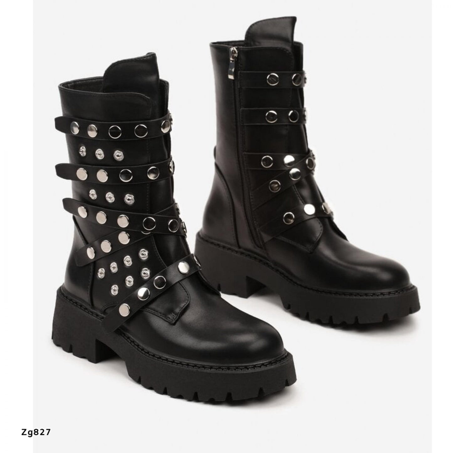 Bota negro apliques plateado correas suela 4cm   151KSL  C-1