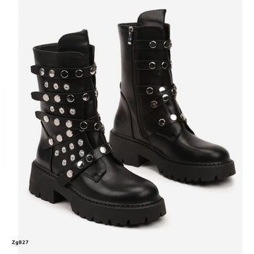 Bota negro apliques plateado correas suela 4cm   151KSL  C-1