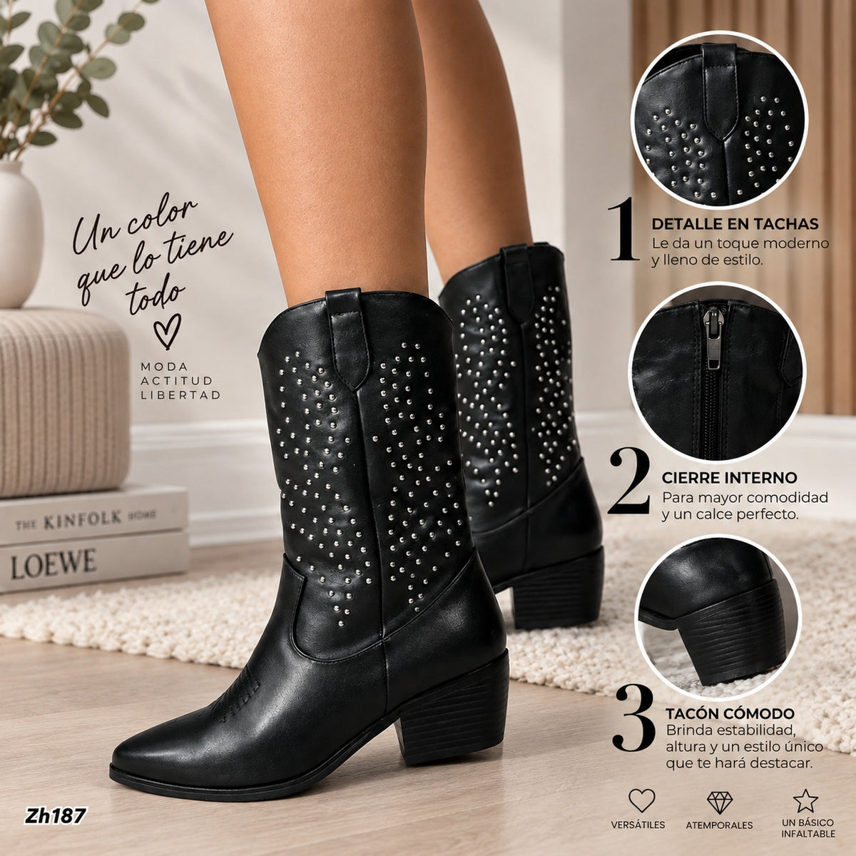 Bota texana negro apliques plateado tacon 5cm   HX3152-C1187
