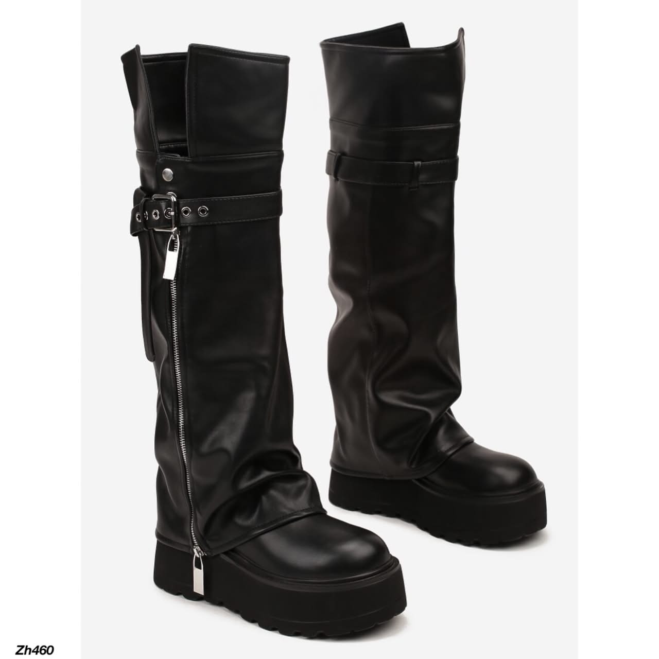 Bota caña alta negro doblez detalle correa y cierre plateado plataforma 8cm  K30  C-149