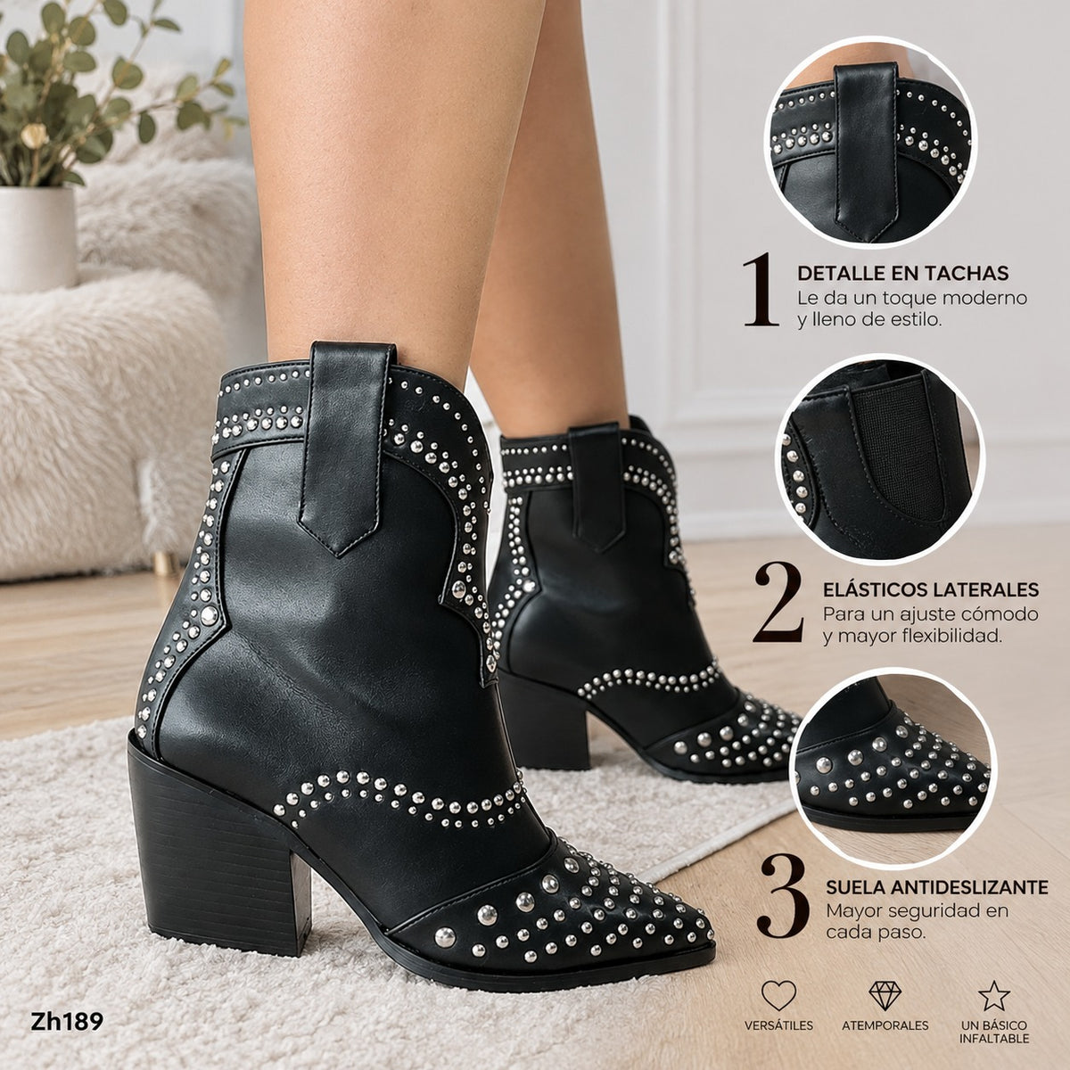 Botin texano negro apliques plateado tacon 7cm  HX3108-B9563