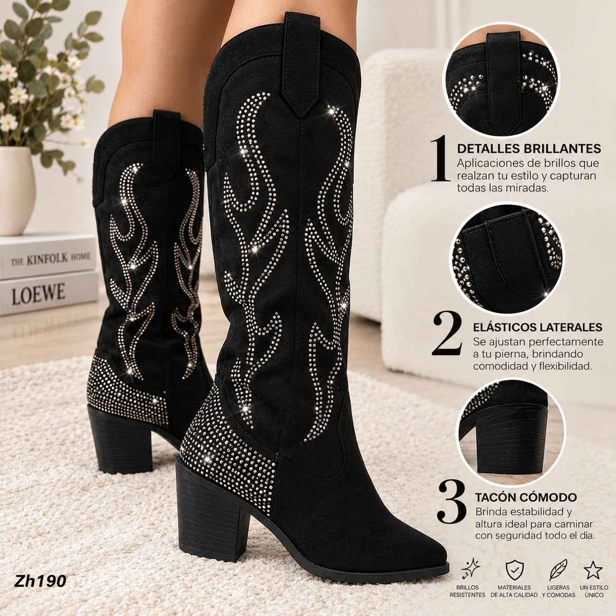 Bota texana negro apliques plateado brillantes tacon 7cm  HX3149-C1185