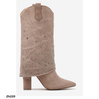 Bota beige doblez apliques brillantes tacon 10cm  MS1569  C-92