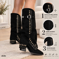 Bota texana negro doblez apliques dorado plomo tacon 8cm  HX3083-C1180