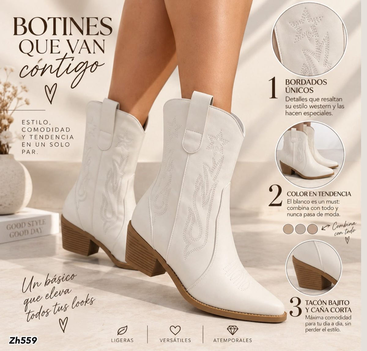 Botin texano blanco tacon 6cm  HX3168-C1765