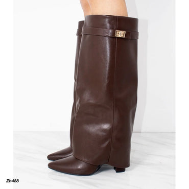 Bota caña alta café doblez detalle dorado tacon 10cm   2P9B-X9154-01  C-156