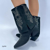 Bota negro doblez detalles blanco apliques brillante tacon 7cm   255-028