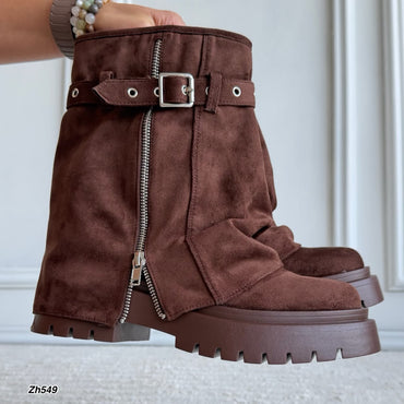 Botin café doblez detalle cierre y correa plateado suela 6cm  HX3372-B0224