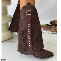 Bota texana café oscuro doblez detalle malla apliques plateado tacon 7cm   YY-93    C-141