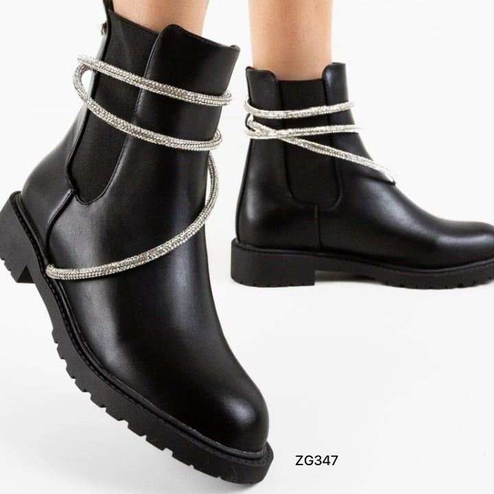 Botin negro cordon apliques plateado brillantes suela 3cm  E39   C-46