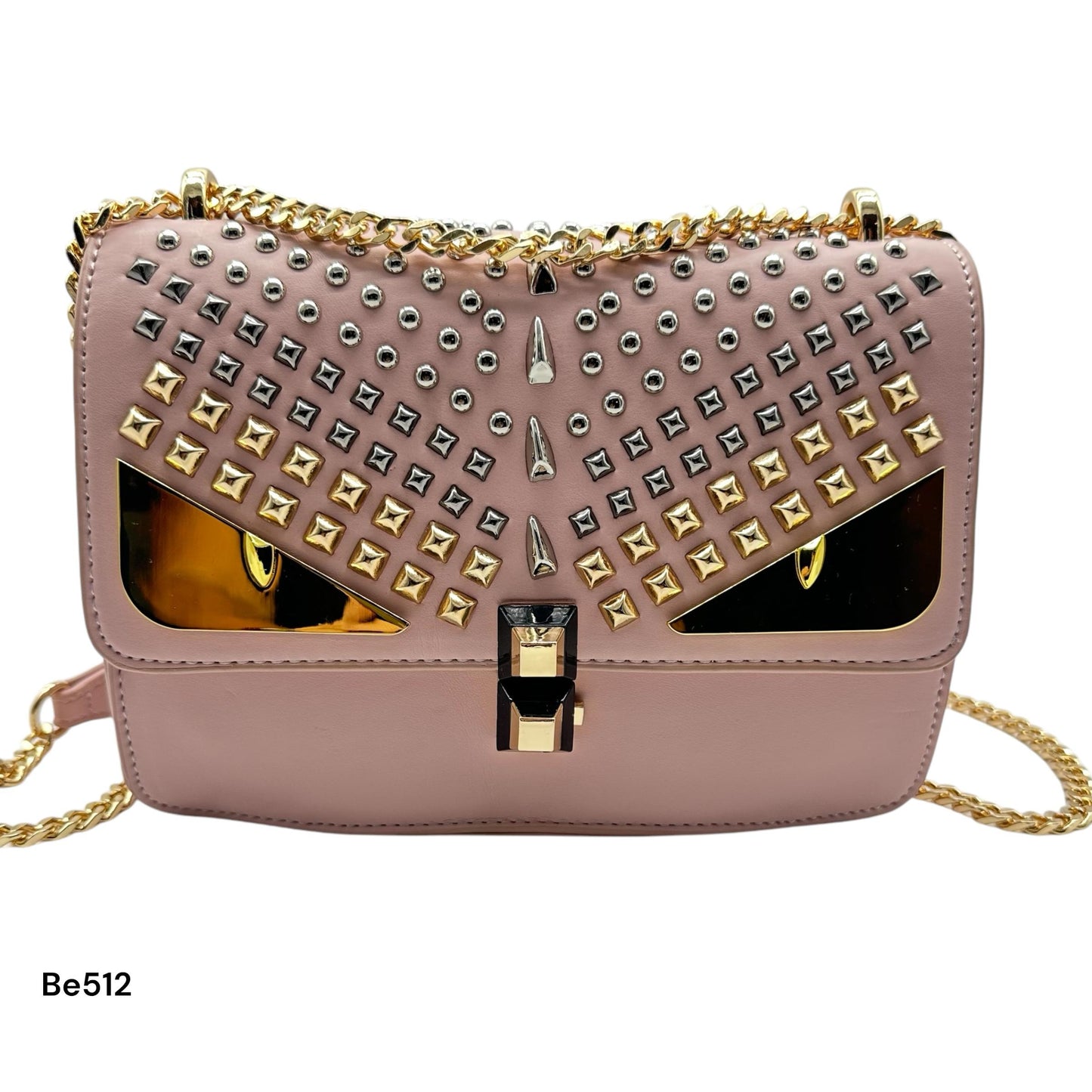 Bolso rosado apliques plateado ojos y cadena dorado  22cm* 9cm* 17cm  C- 23196-1