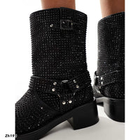 Bota caña media negro apliques brillantes detalle hebilla plateado suela 4cm   HX3113-B9478