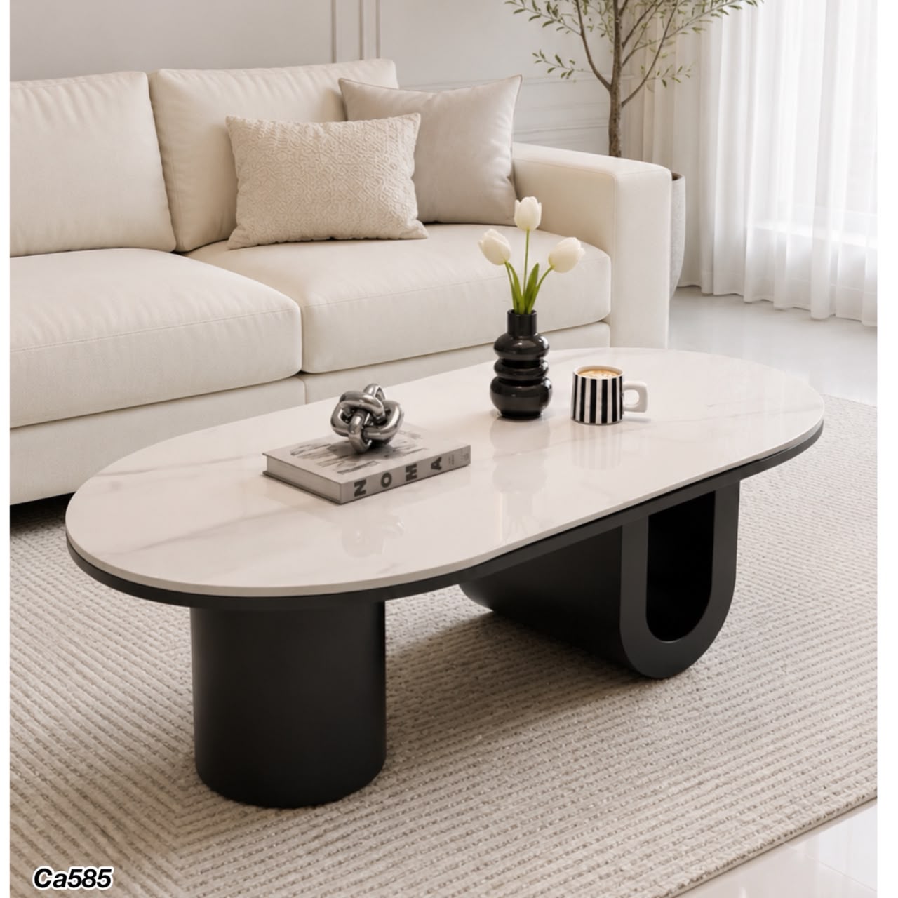 Mesa de centro piedra blanco base metal negro  120cm* 60cm* 40cm