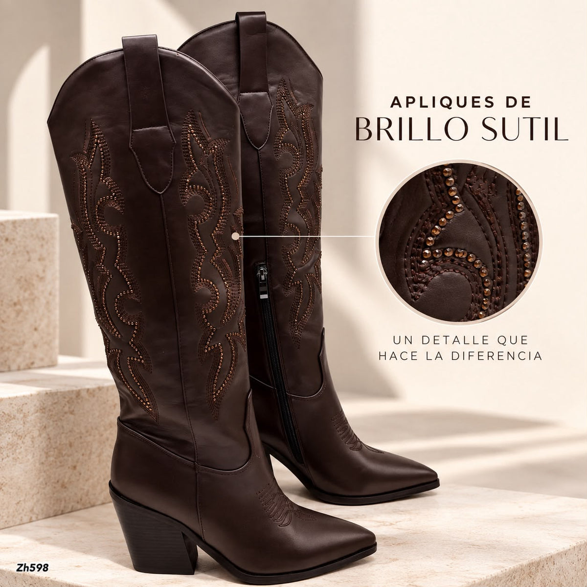 Bota texana café apliques brillante tacon 9cm   HX3371-C1805