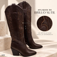 Bota texana café apliques brillante tacon 9cm   HX3371-C1805