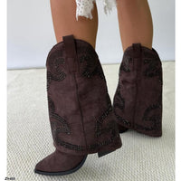 Bota texana café doblez apliques negro brillante tacon 9cm   A9589  C-143