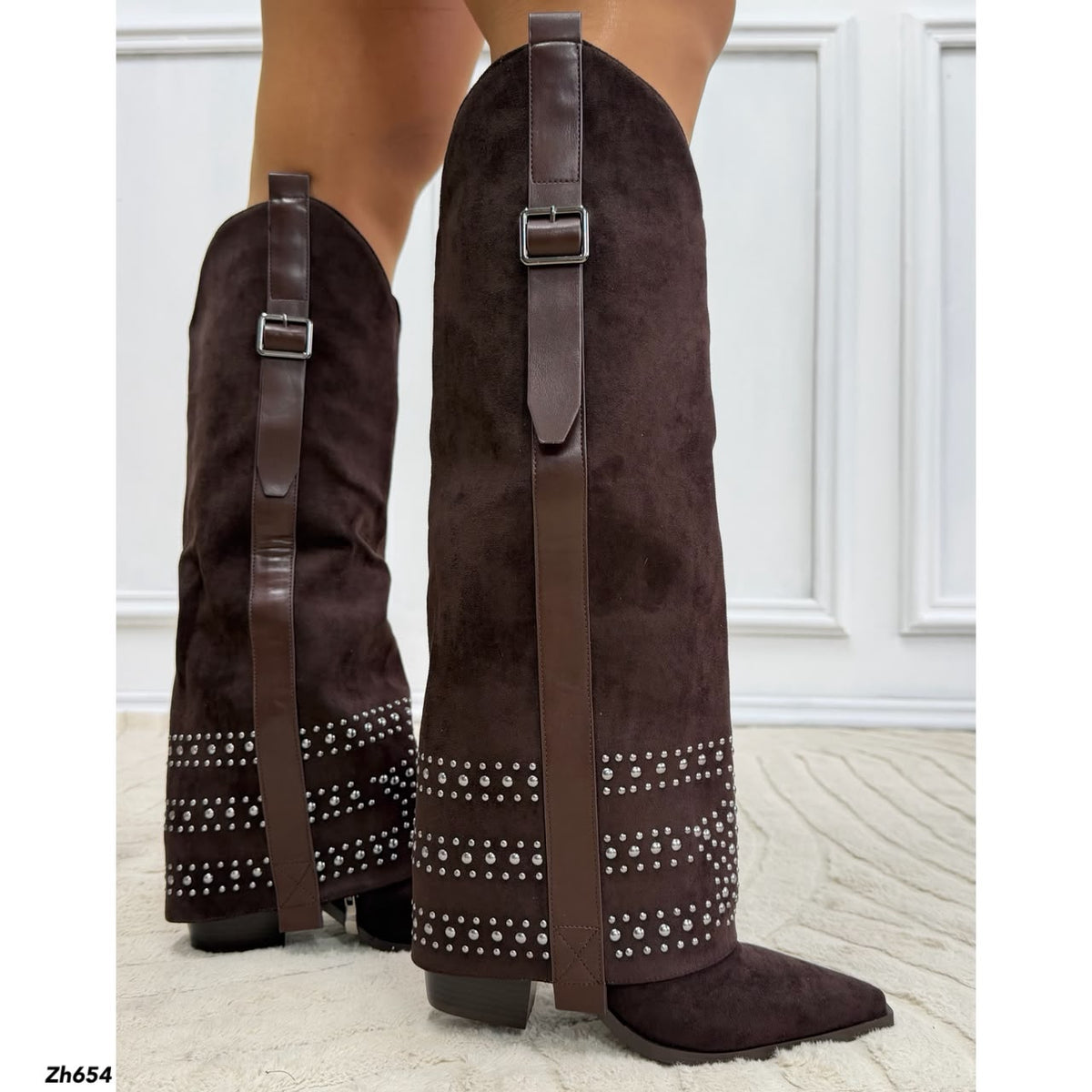 Bota texana café doblez apliques plateado tacon 8cm   HX3198-B0204