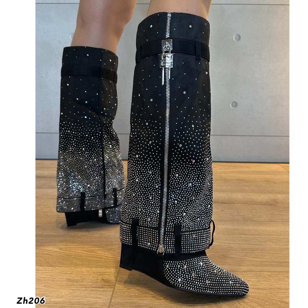 Bota caña alta negro doblez apliques plateado brillantes tacon corrido 9cm   HX2697-C1208