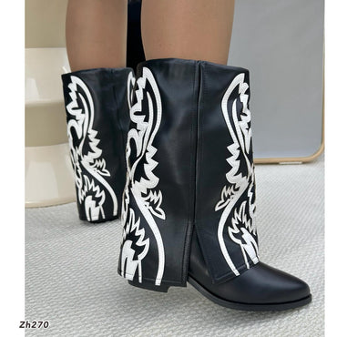 Botin texano negro doblez detalles blanco tacon 6cm