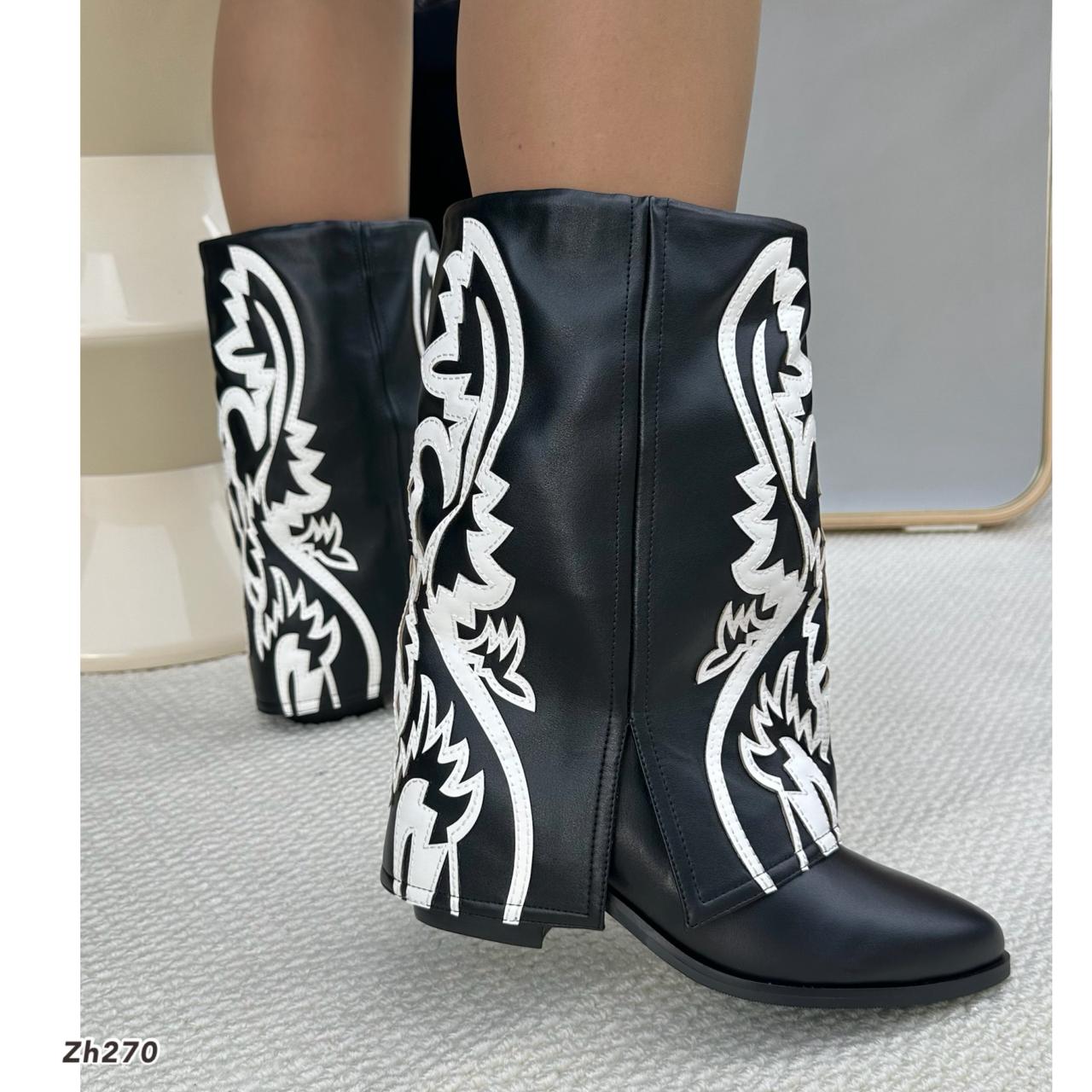 Botin texano negro doblez detalles blanco tacon 6cm